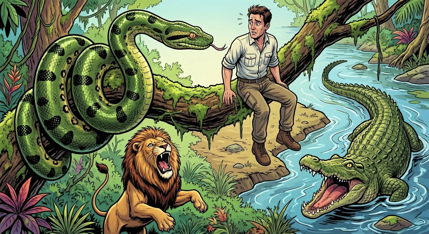The man is perched precariously on a thick tree branch. Coiled around the same branch, inches from his face, is a large, menacing anaconda looking directly at him. Below the tree on the grassy bank, a fierce lion is standing on its hind legs, looking straight up at the man with an open mouth. To the other side, in a river right next to the tree, a large crocodile is emerged halfway out of the water